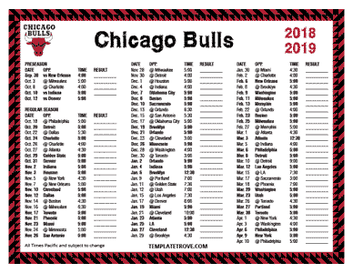 Chicago Bulls 2018-19 Printable Schedule - Pacific Times