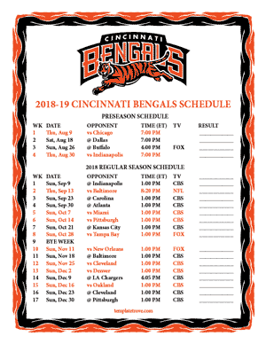 Cincinnati Bengals 2018-19 Printable Schedule
