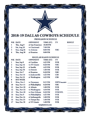 Dallas Cowboys 2018-19 Printable Schedule