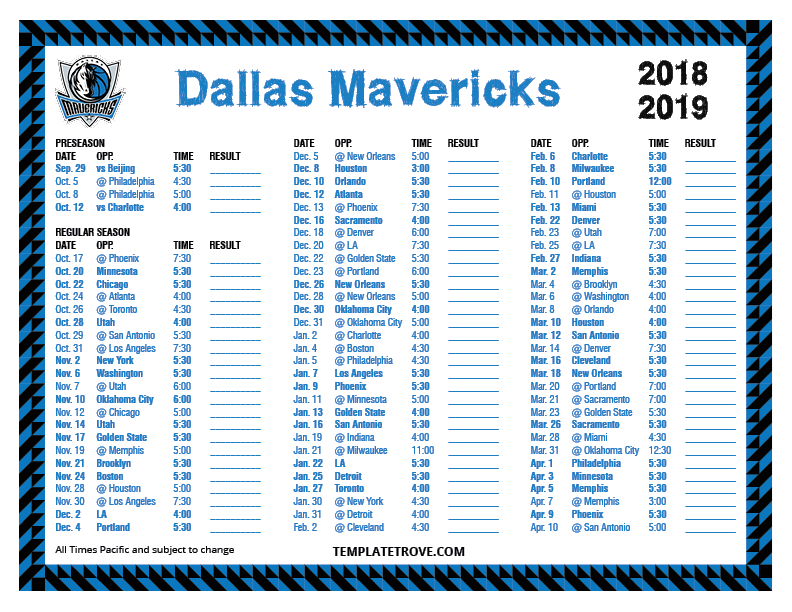 Printable 2018-2019 Dallas Mavericks Schedule