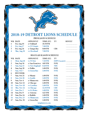 Detroit Lions 2018-19 Printable Schedule