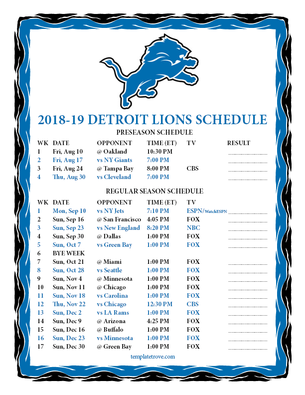 Printable 2018 2019 Detroit Lions Schedule