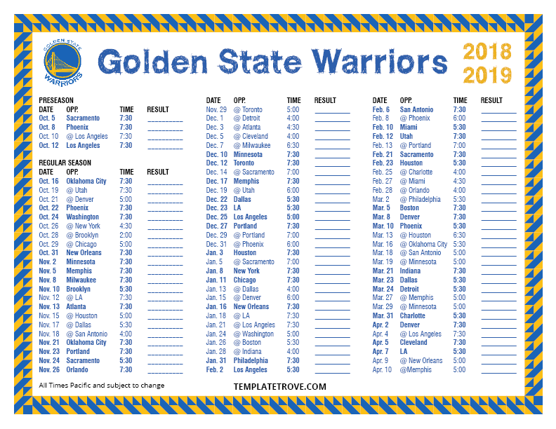 Printable 20182019 Golden State Warriors Schedule