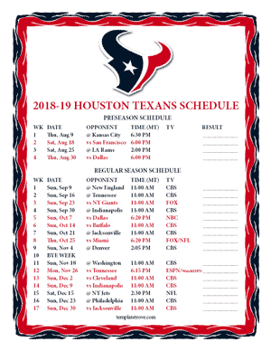 Houston Texans 2018-19 Printable Schedule - Mountain Times