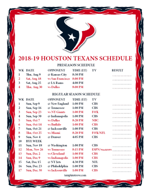 Houston Texans 2018-19 Printable Schedule
