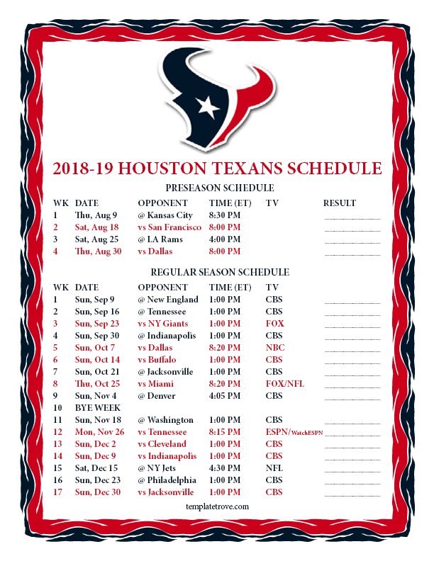 Houston Texans Printable Schedule