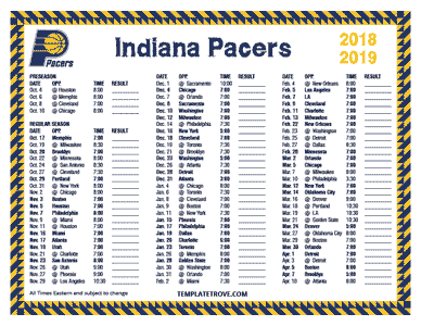Indiana Pacers 2018-19 Printable Schedule