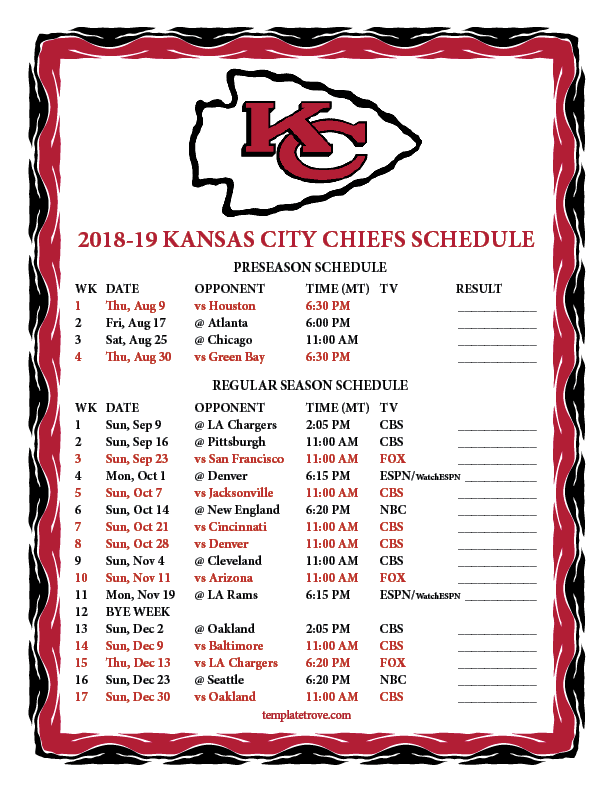Printable 20182019 Kansas City Chiefs Schedule