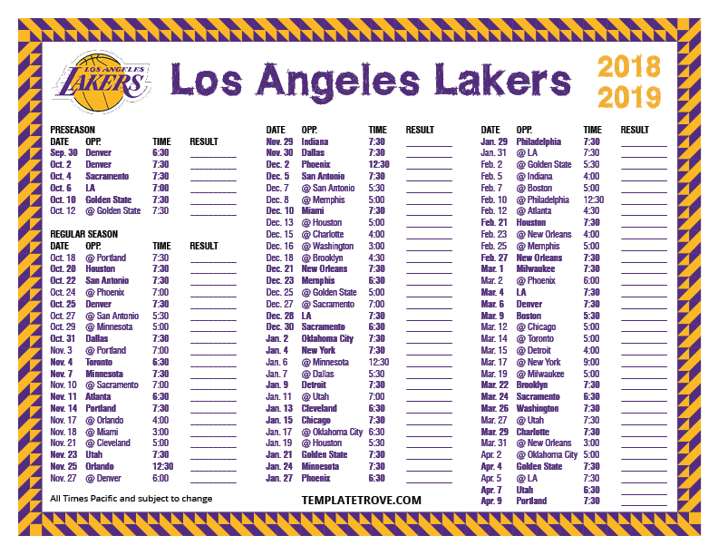 Printable 20182019 Los Angeles Lakers Schedule