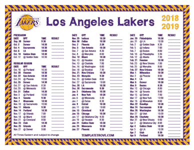 Los Angeles Lakers 2018-19 Printable Schedule