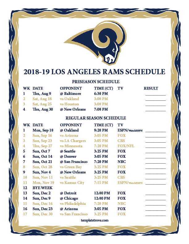 Printable 2018-2019 Los Angeles Rams Schedule