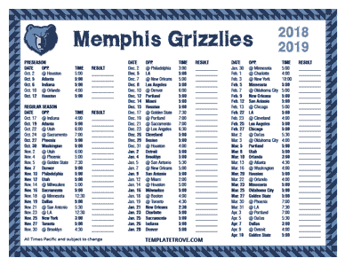 Memphis Grizzlies 2018-19 Printable Schedule - Pacific Times