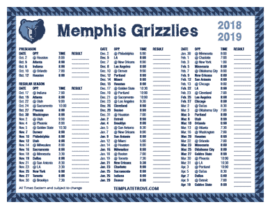 Memphis Grizzlies 2018-19 Printable Schedule