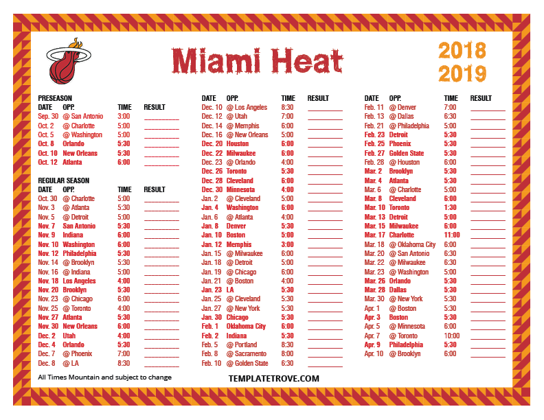 Miami Heat Schedule 2022 2023 Printable 2018-2019 Miami Heat Schedule