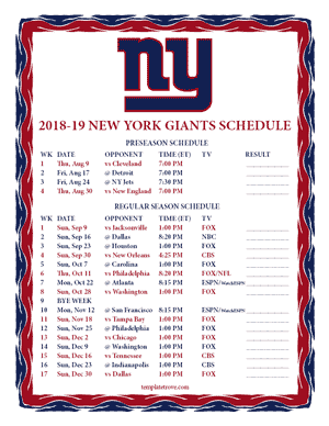 New York Giants 2018-19 Printable Schedule