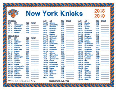 New York Knicks 2018-19 Printable Schedule