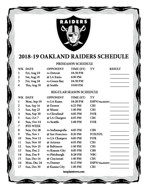 Oakland Raiders 2018-19 Printable Schedule