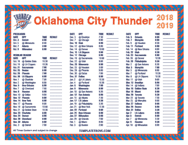 Oklahoma City Thunder 2018-19 Printable Schedule