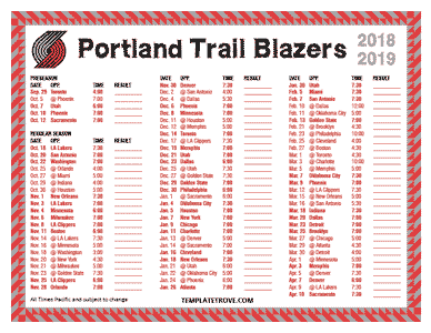 Portland Trail Blazers 2018-19 Printable Schedule - Pacific Times