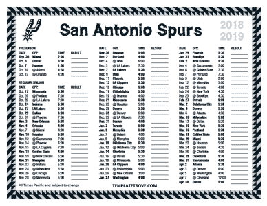 San Antonio Spurs 2018-19 Printable Schedule - Pacific Times