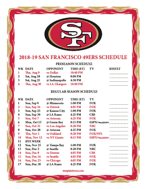 San Francisco 49ers 2018-19 Printable Schedule
