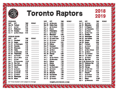 Toronto Raptors 2018-19 Printable Schedule