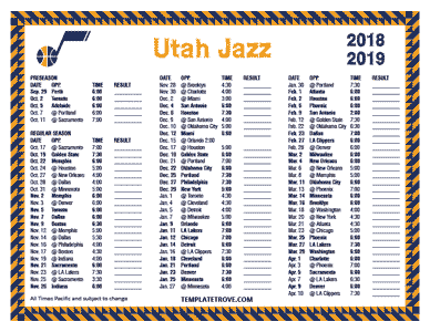 Utah Jazz 2018-19 Printable Schedule - Pacific Times