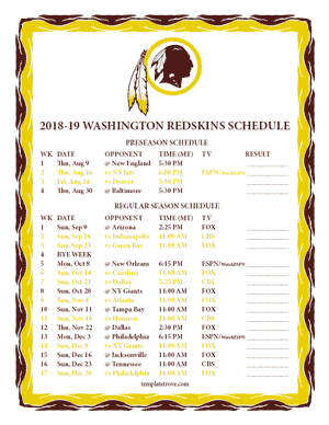 Washington Redskins 2018-19 Printable Schedule - Mountain Times