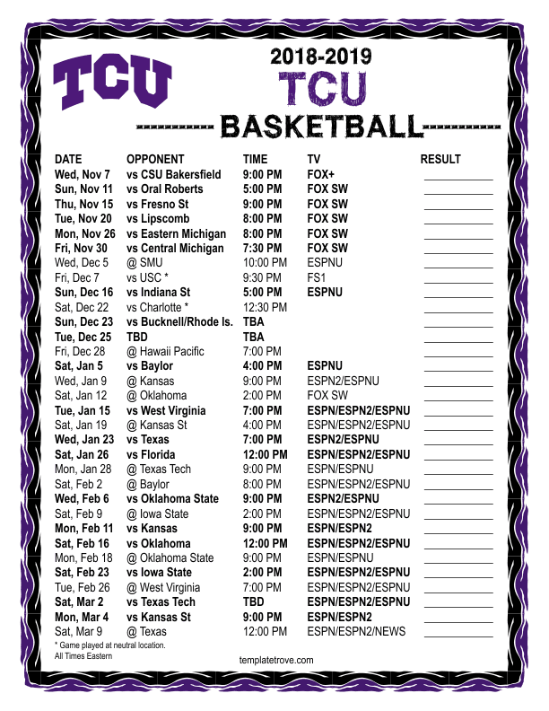 Printable 20182019 TCU Horned Frogs Basketball Schedule