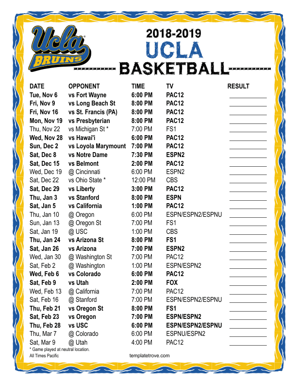 Printable 20182019 UCLA Bruins Basketball Schedule