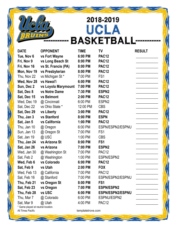 Printable 2018 2019 UCLA Bruins Basketball Schedule