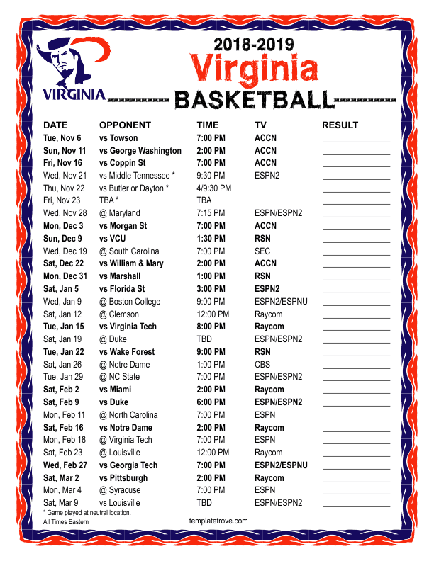 Printable 2018 2019 Virginia Cavaliers Basketball Schedule