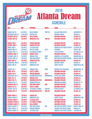 Atlanta Dream 2018 Printable Basketball Schedule