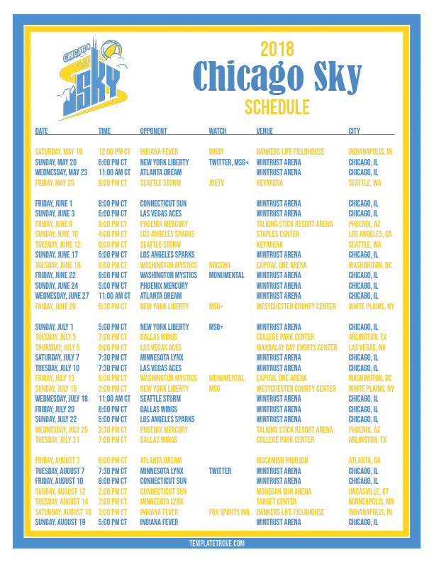 Printable2018 Chicago Sky Basketball Schedule