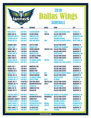 Dallas Wings 2018 Printable Basketball Schedule