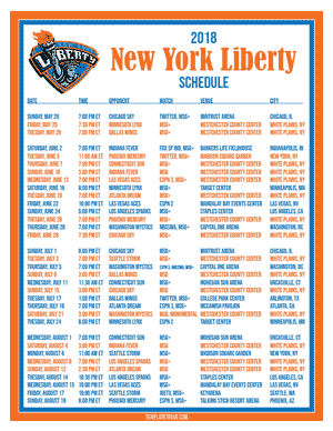 New York Liberty 2018 Printable Basketball Schedule