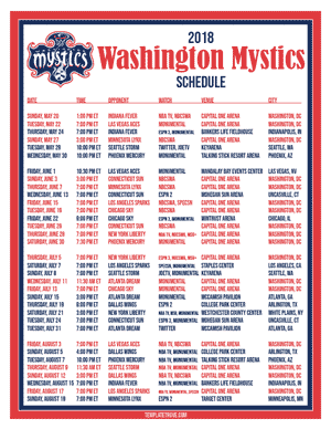 Washington Mystics 2018 Printable Basketball Schedule