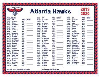 Atlanta Hawks 2019-20 Printable Schedule - Pacific Times