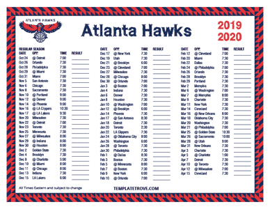 Atlanta Hawks 2019-20 Printable Schedule