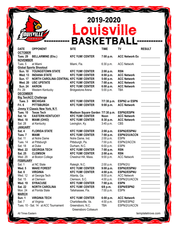Printable 2019-2020 Louisville Cardinals Basketball Schedule