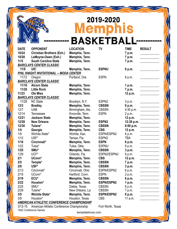 Memphis Tigers Basketball Schedule 2022 2023 Printable 2019-2020 Memphis Tigers Basketball Schedule