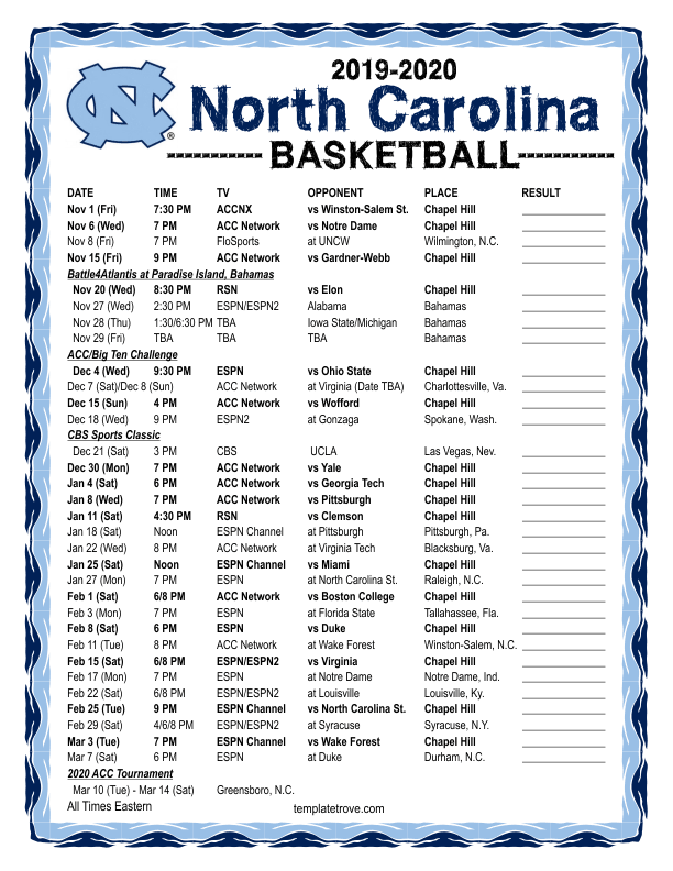Carolina Basketball Schedule 2022 Printable 2019-2020 North Carolina Tarheels Basketball Schedule