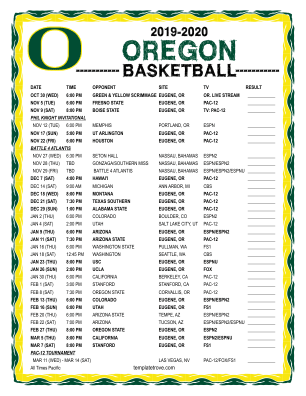 Printable 2019-2020 Oregon Ducks Basketball Schedule