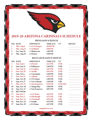Arizona Cardinals 2019-20 Printable Schedule