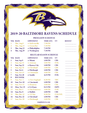 Baltimore Ravens 2019-20 Printable Schedule
