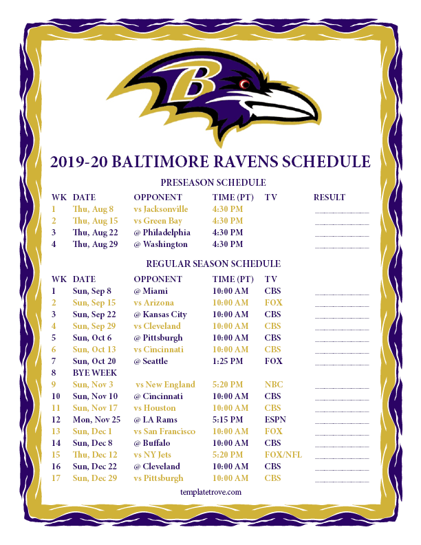 Printable 2019-2020 Baltimore Ravens Schedule