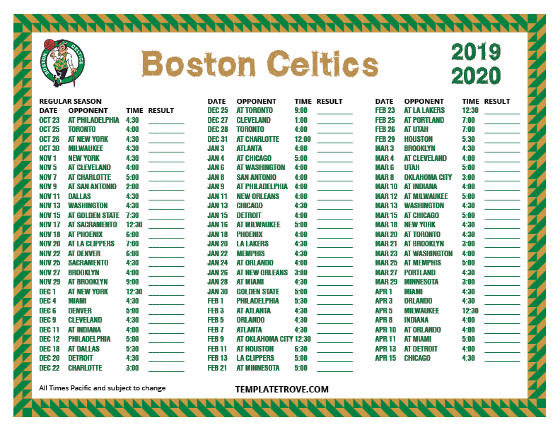 Printable 20192020 Boston Celtics Schedule