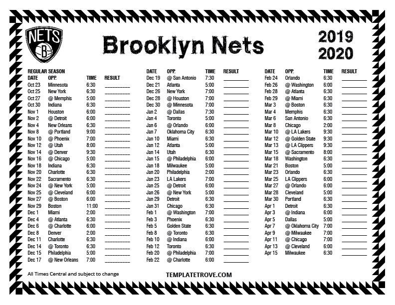 Printable 20192020 Brooklyn Nets Schedule