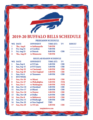 Buffalo Bills 2019-20 Printable Schedule