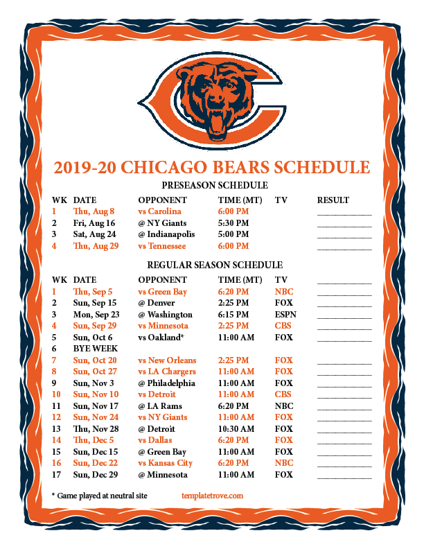 Printable 20192020 Chicago Bears Schedule